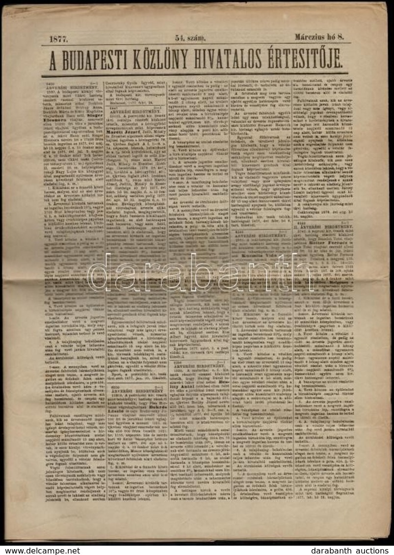 1877 A Budapesti Közlöny Hivatalos Értesítője, 1877. Március. 8. 54. Szám, 1809-1832 P. - Zonder Classificatie