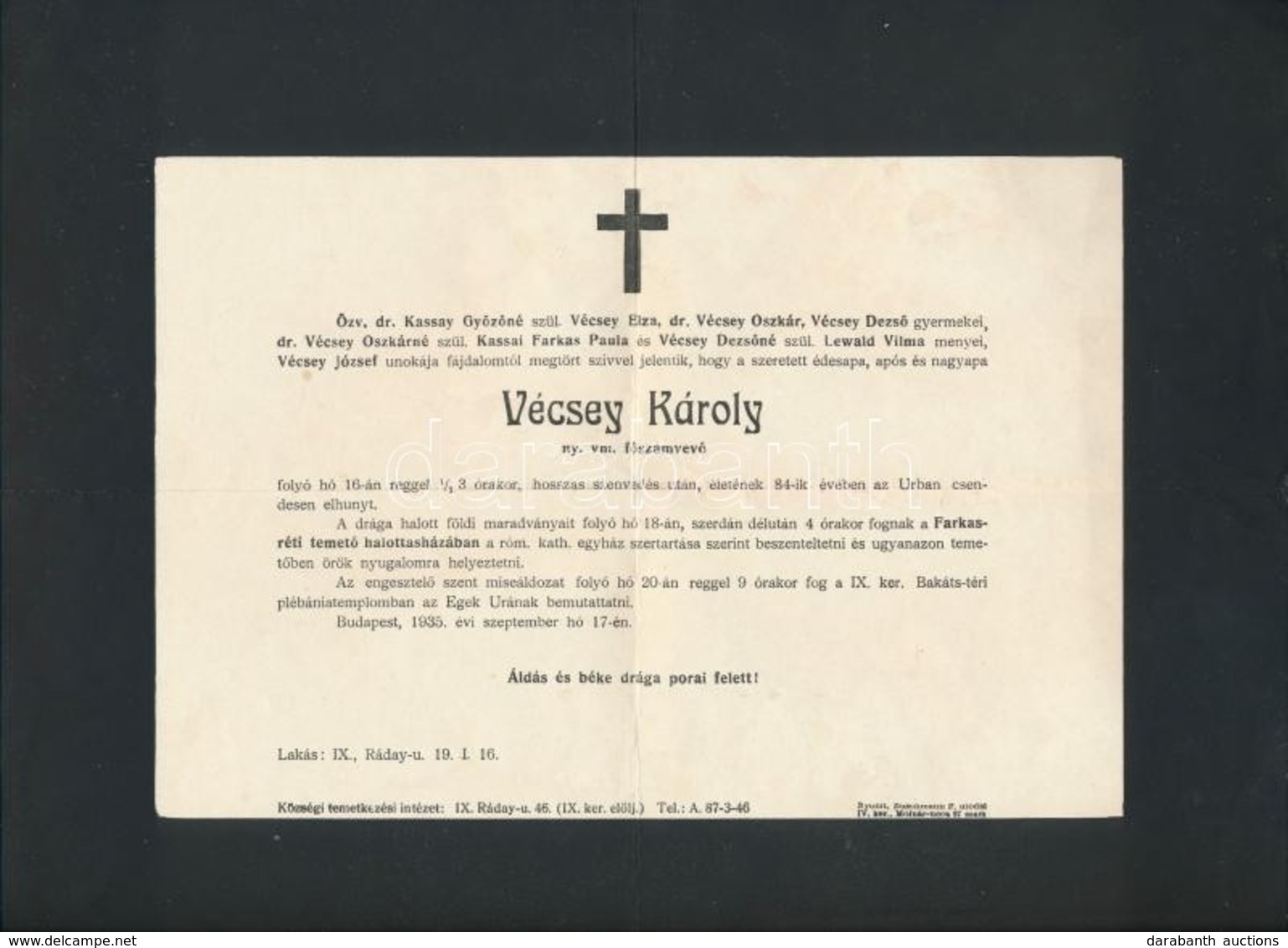 1893-1935 3 Db Gyászjelentés (Vodicska Ferenc, Kubinyi Aurél, Vécsey Károly) - Zonder Classificatie