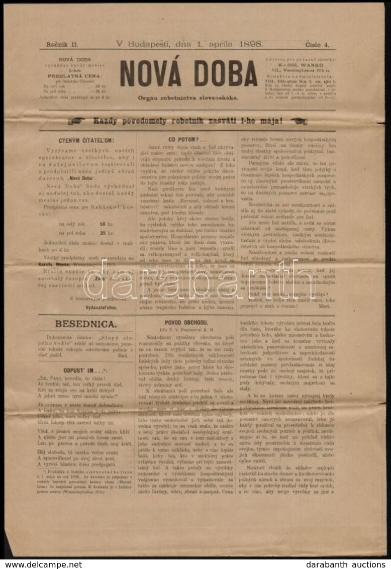 1898 Nová Dobá Pesti Szlovák Munkás újság Egy Száma / Slovakian Paper. - Unclassified