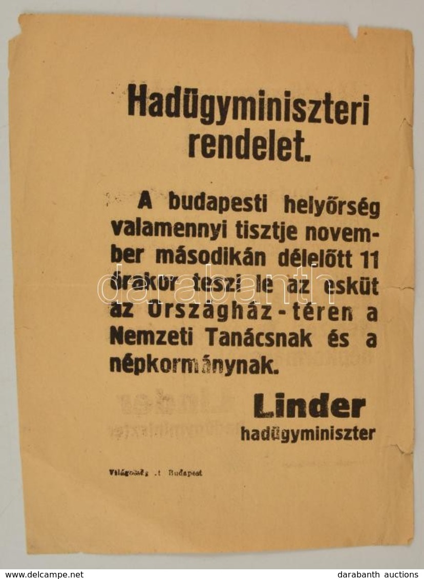 1918 Linder Béla (1876-1962) Hadügyminiszter Rendelete, 1918. Nov. 2.-án Az Országház Előtt Tartandó A Nemzeti Tanácsnak - Unclassified