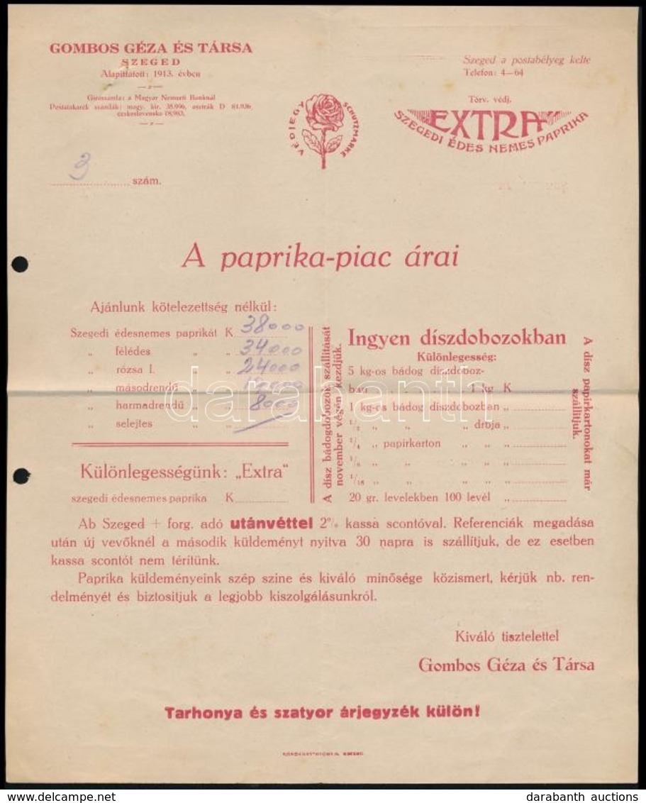 Cca 1910-1920 Szeged, Gombos Géza és Társa Paprika-piac árai, Fejléces Reklámnyomtatvány. - Unclassified