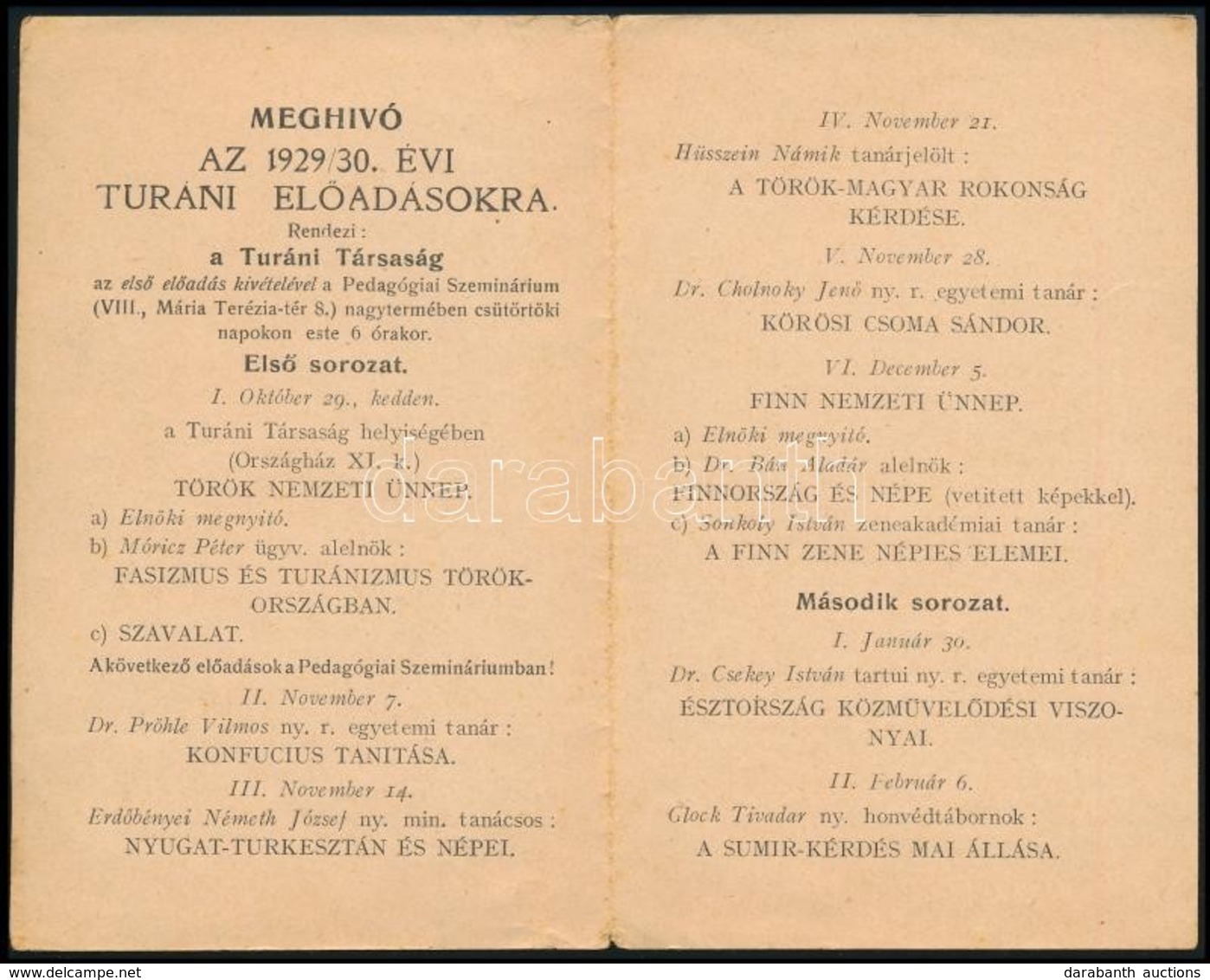 1930 Meghívó Turáni Előadásokra - Unclassified