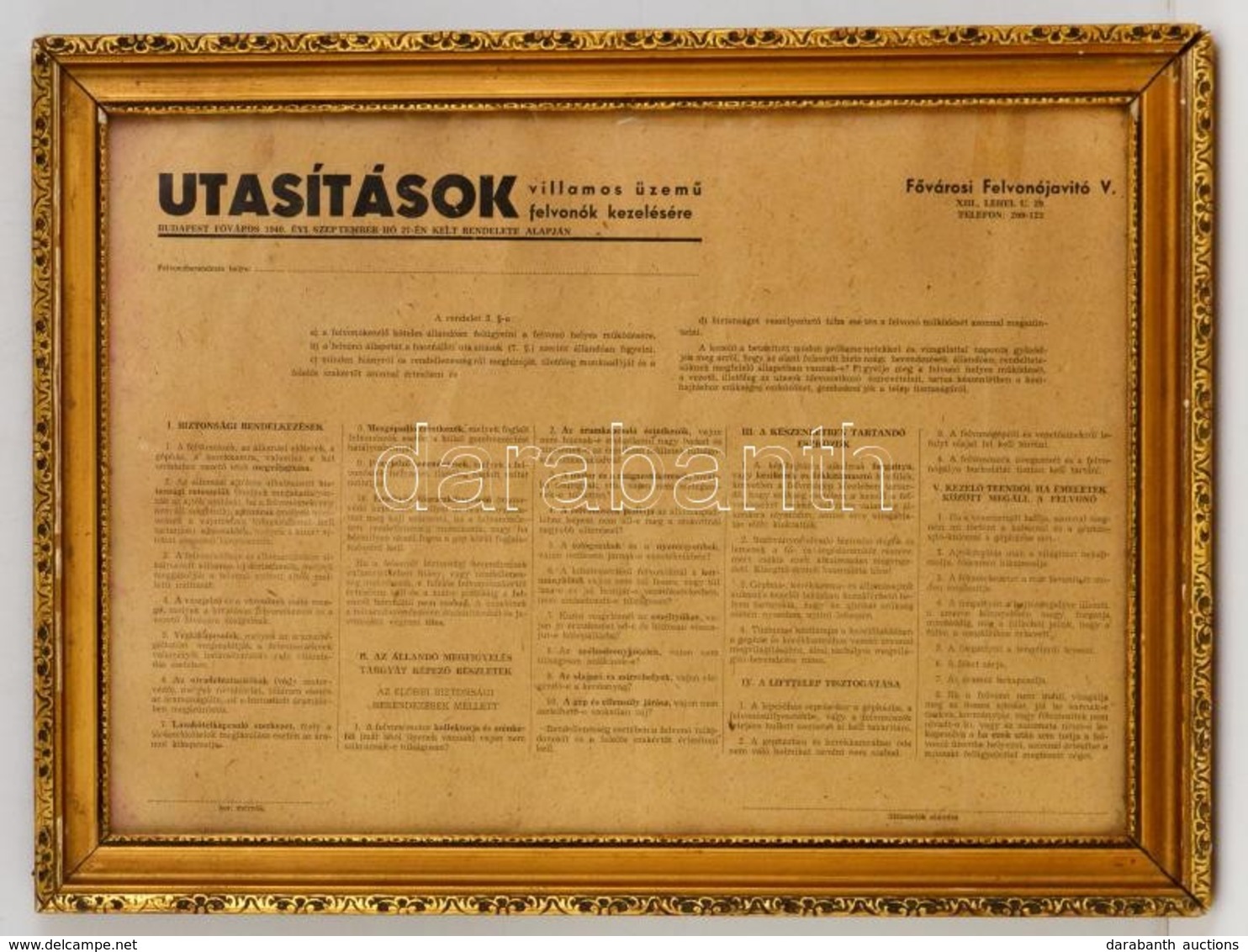 1940 Utasítások Villamos üzemű Felvonók Kezelésére, Fővárosi Felvonójavító, Kissé Sérült üvegezett Fa Keretben, 28x39 Cm - Unclassified