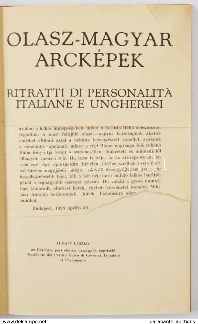 Olasz-magyar Arcképek. Bp., 1928. Egészvászon Kötés, Hiányos Címlap és Előszó. - Ohne Zuordnung