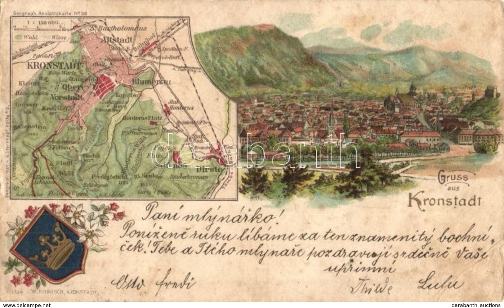 T3 1899 Brassó, Brasov, Kronstadt; Látkép, Térkép, Címer / General View, Map, Coat Of Arms, Verlag W. Hiemesch, Geograph - Unclassified