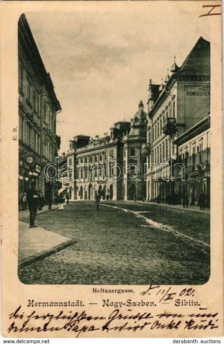 T2/T3 1902 Nagyszeben, Hermannstadt, Sibiu; Heltauergasse / Disznódi Utca, Szálloda, üzletek / Street View, Hotel, Shops - Unclassified