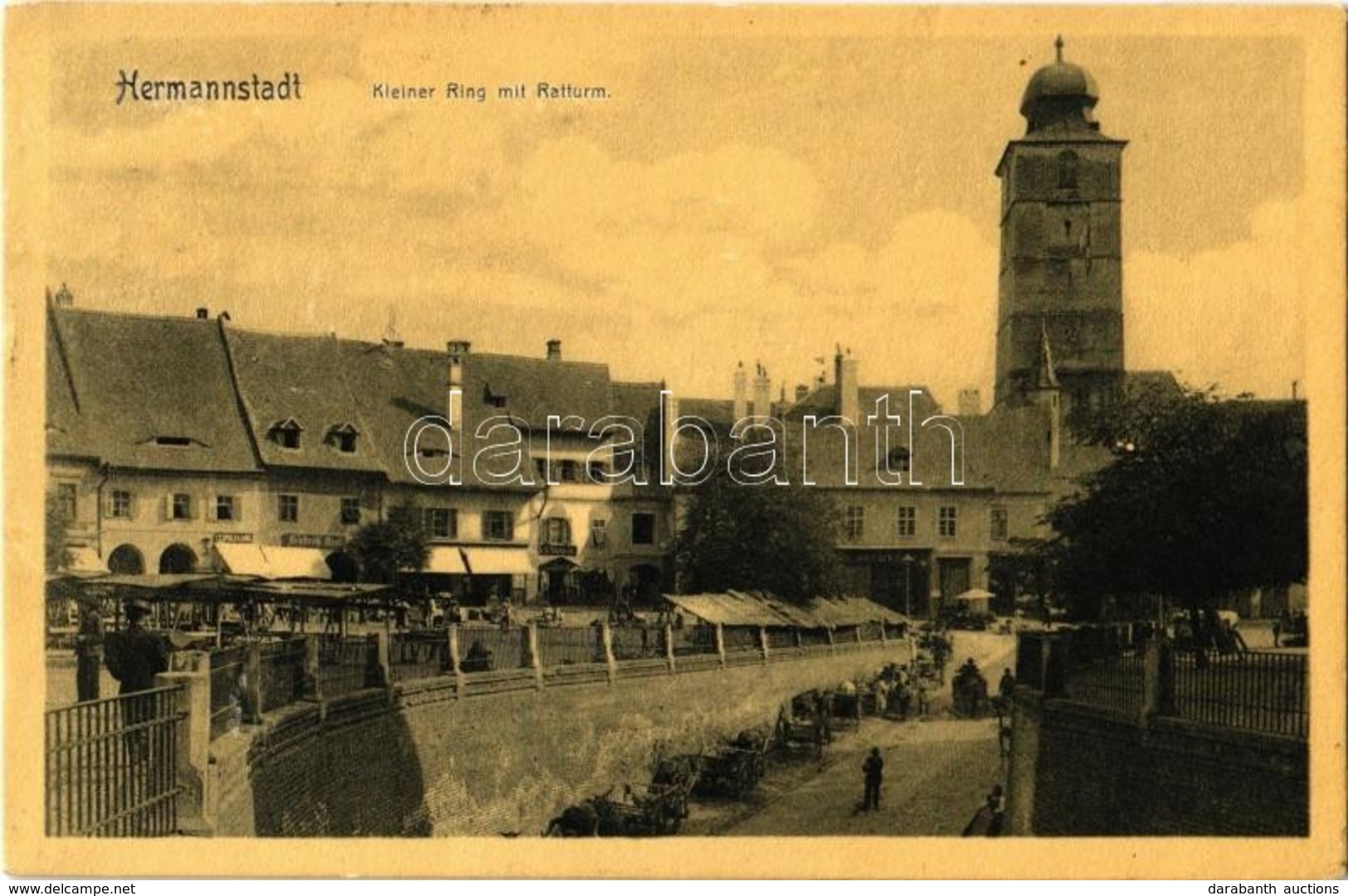 T2/T3 1909 Nagyszeben, Hermannstadt, Sibiu; Kleiner Ring Mit Ratturm / Kiskörút, Várostorony, Utcakép Piaci árusokkal és - Zonder Classificatie