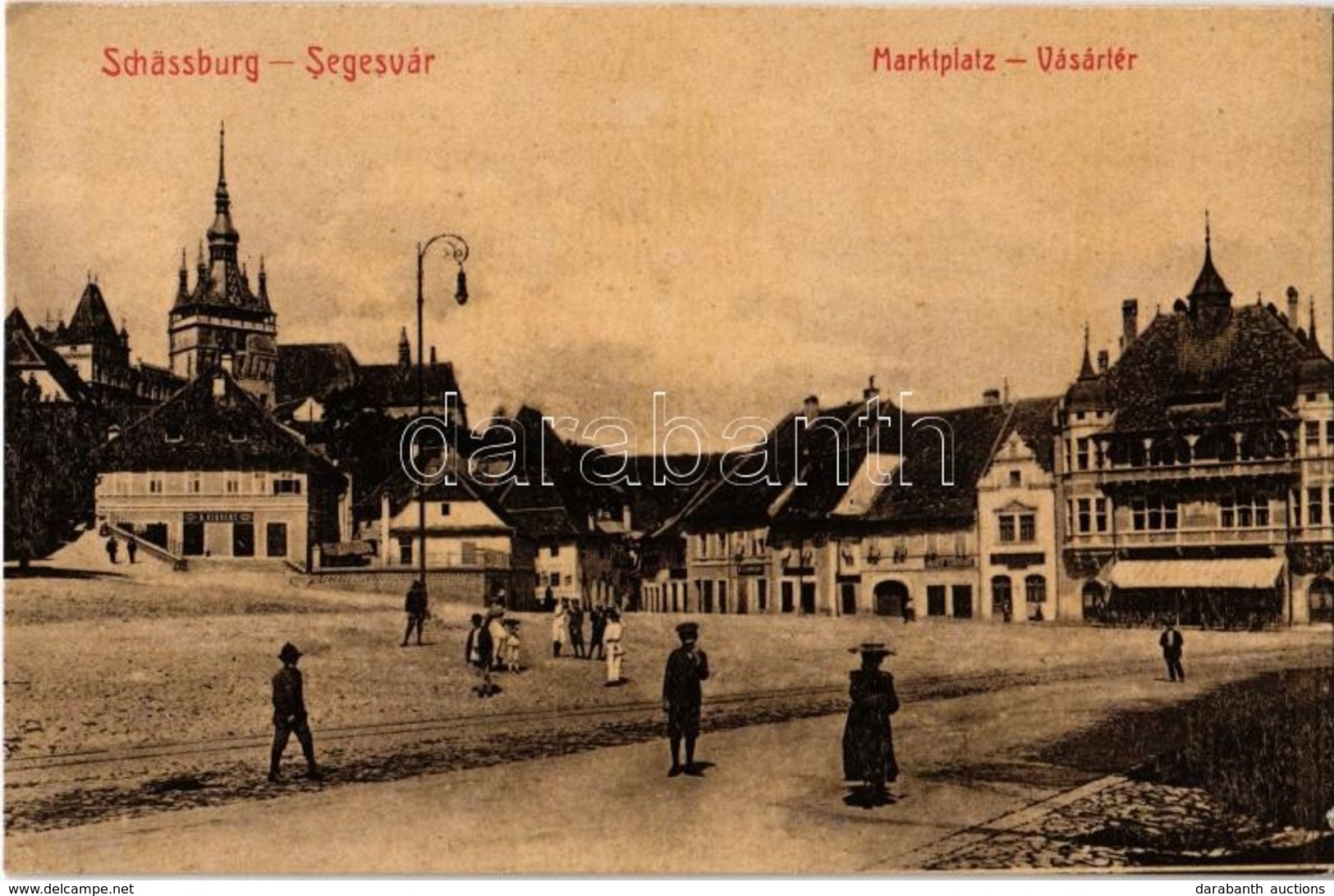 T2/T3 1907 Segesvár, Schässburg, Sighisoara; Marktplatz / Vásártér, H. Girscht, Josef Girscht, W. Leonhardt üzlete. W. L - Unclassified