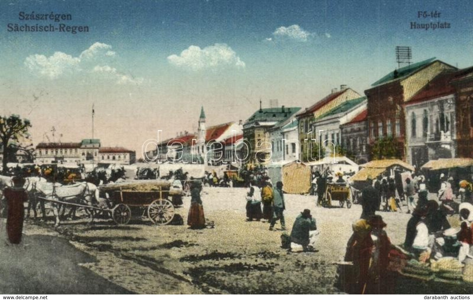 T2/T3 Szászrégen, Reghin; Fő Tér, Piac, árusok / Hauptplatz / Main Square, Market Vendors + 1940 Szászrégen Visszatért S - Zonder Classificatie