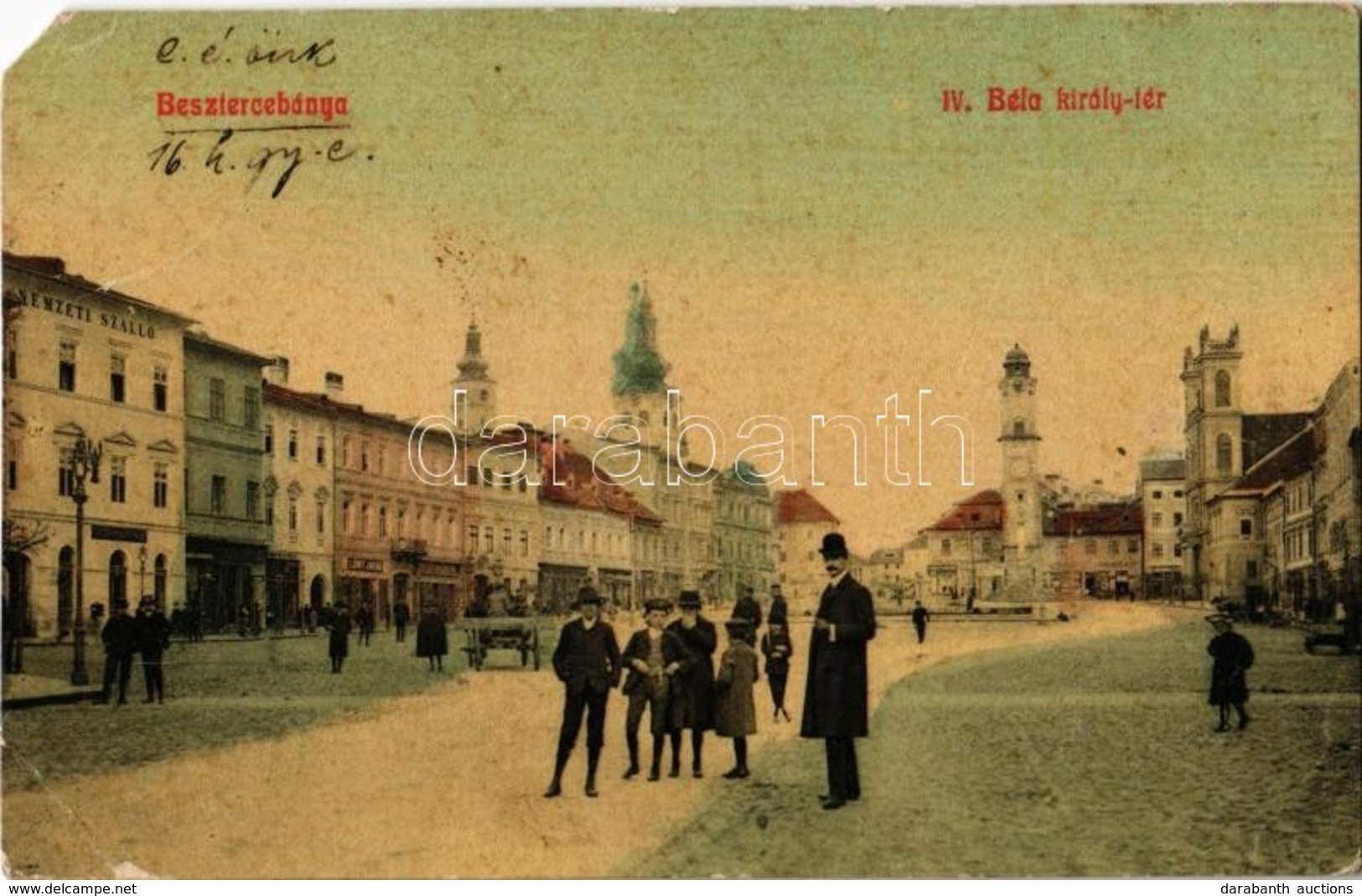 T4 1914 Besztercebánya, Banská Bystrica; IV. Béla Király Tér, Löwy Jakab üzlete, Nemzeti Szálló. 1. / Square, Shops, Hot - Zonder Classificatie