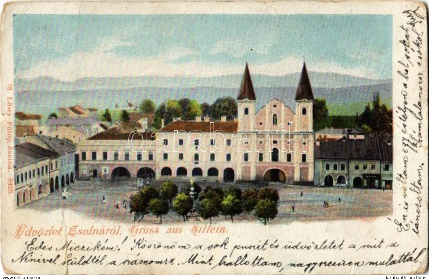 * T3/T4 1903 Zsolna, Sillein, Zilina; Templom, üzletek. Kiadja Löwy Fülöp 76. / Church, Shops (fa) - Zonder Classificatie