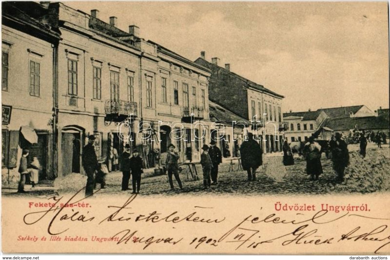 T4 1902 Ungvár, Uzshorod, Uzhorod; Fekete Sas Tér, üzletek, Piaci árusok. Kiadja Székely és Illés / Square, Shops, Marke - Unclassified