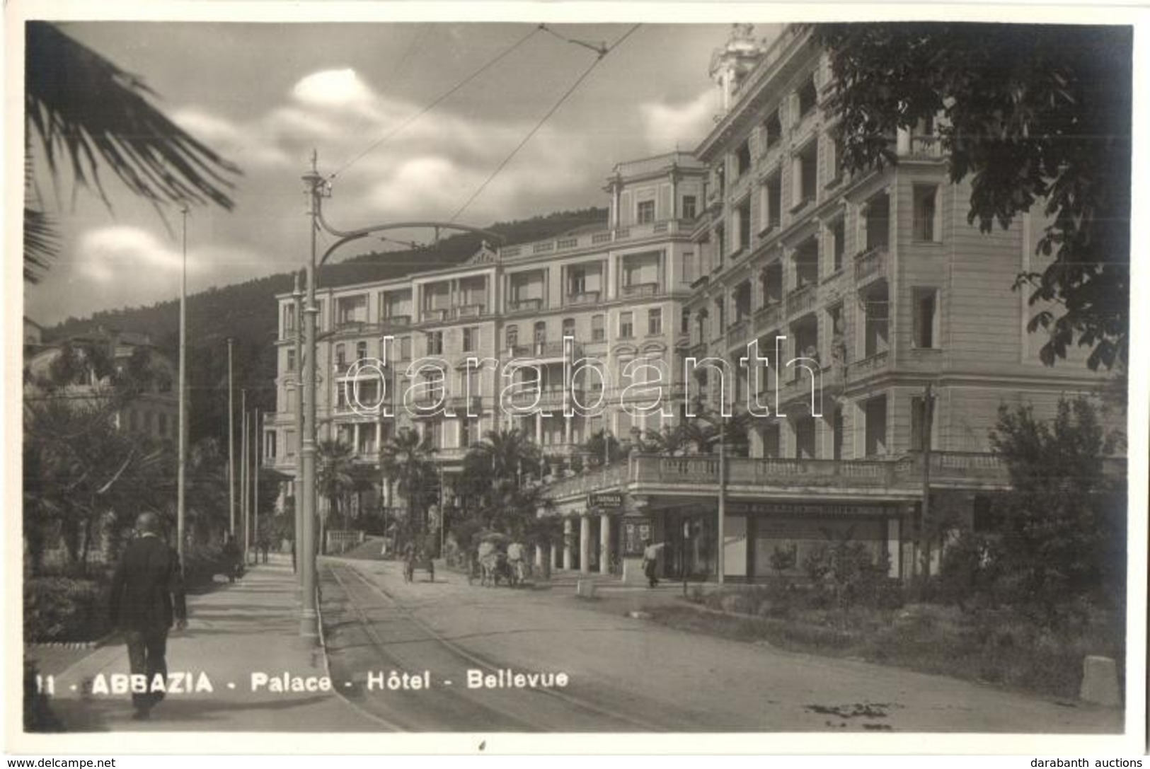 ** T1 Abbazia, Opatija; Palace Hotel Bellevue, Farmacia Alla Riviera / Hotel, Pharmacy, Shops. Ed. G. B. Falci - Zonder Classificatie