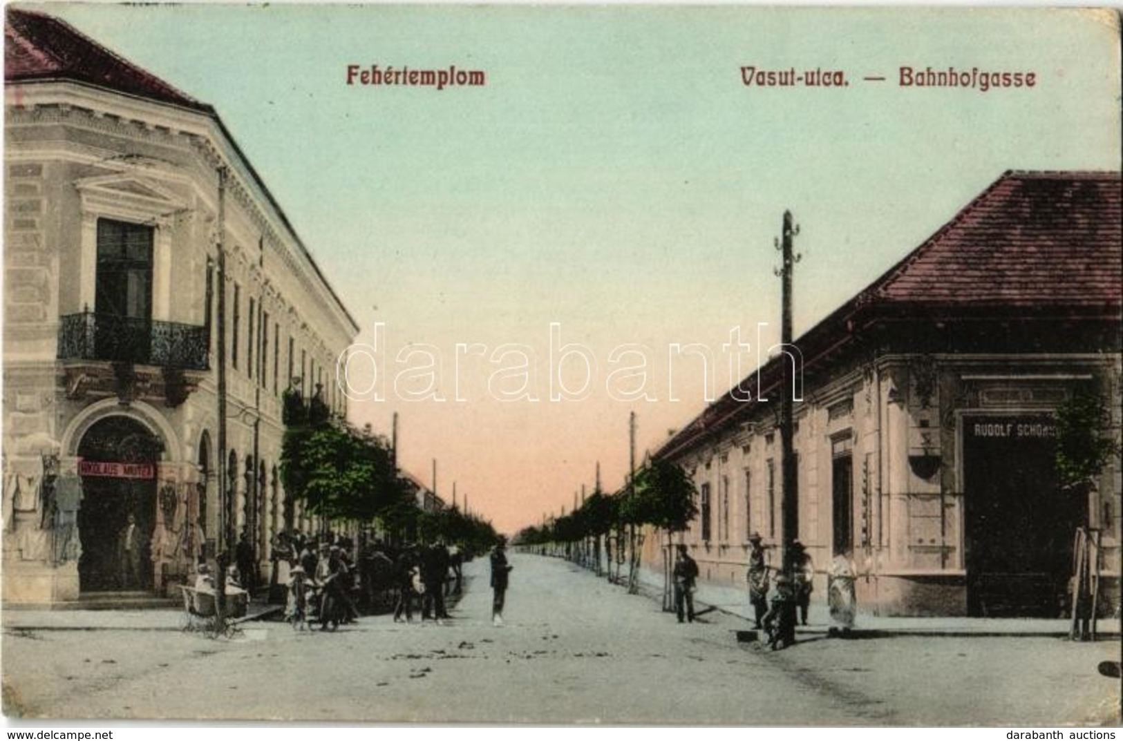 T2 1912 Fehértemplom, Ung. Weisskirchen, Bela Crkva; Vasút Utca, Nikolaus Miutza és Rudolf Schönborn üzlete / Bahnhofgas - Zonder Classificatie