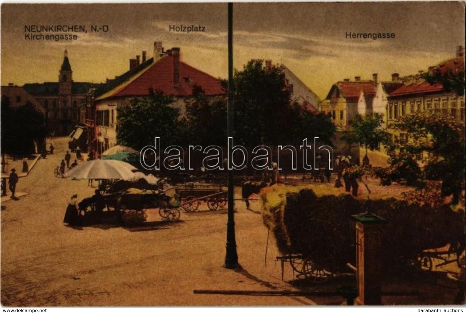 T2 Neunkirchen, Kirhcengasse, Holzplatz, Herrengasse / Market Square With Horse Carts - Zonder Classificatie