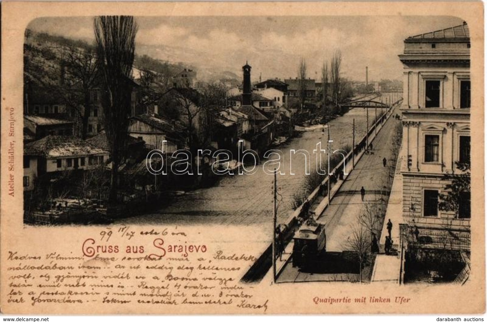 T2 1899 Sarajevo, Quaipartie Mit Linken Ufer. Atelier Schädler / Quay, Tram - Zonder Classificatie