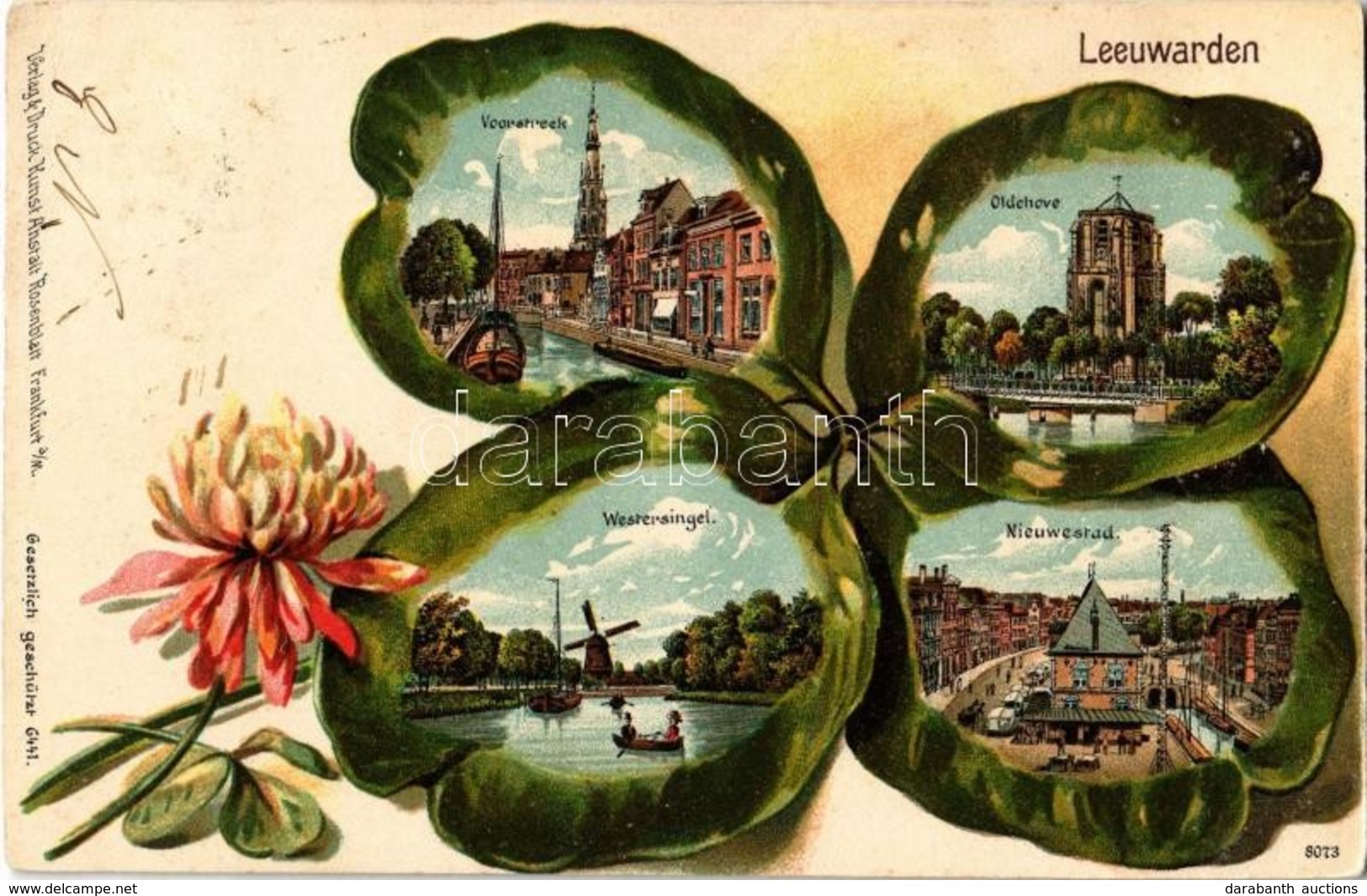 T2 1902 Leeuwarden, Oldehove, Voorstreek, Westersingel, Nieuwestad. Clover Emb. Litho Von Kunstanstalt Rosenblatt - Zonder Classificatie