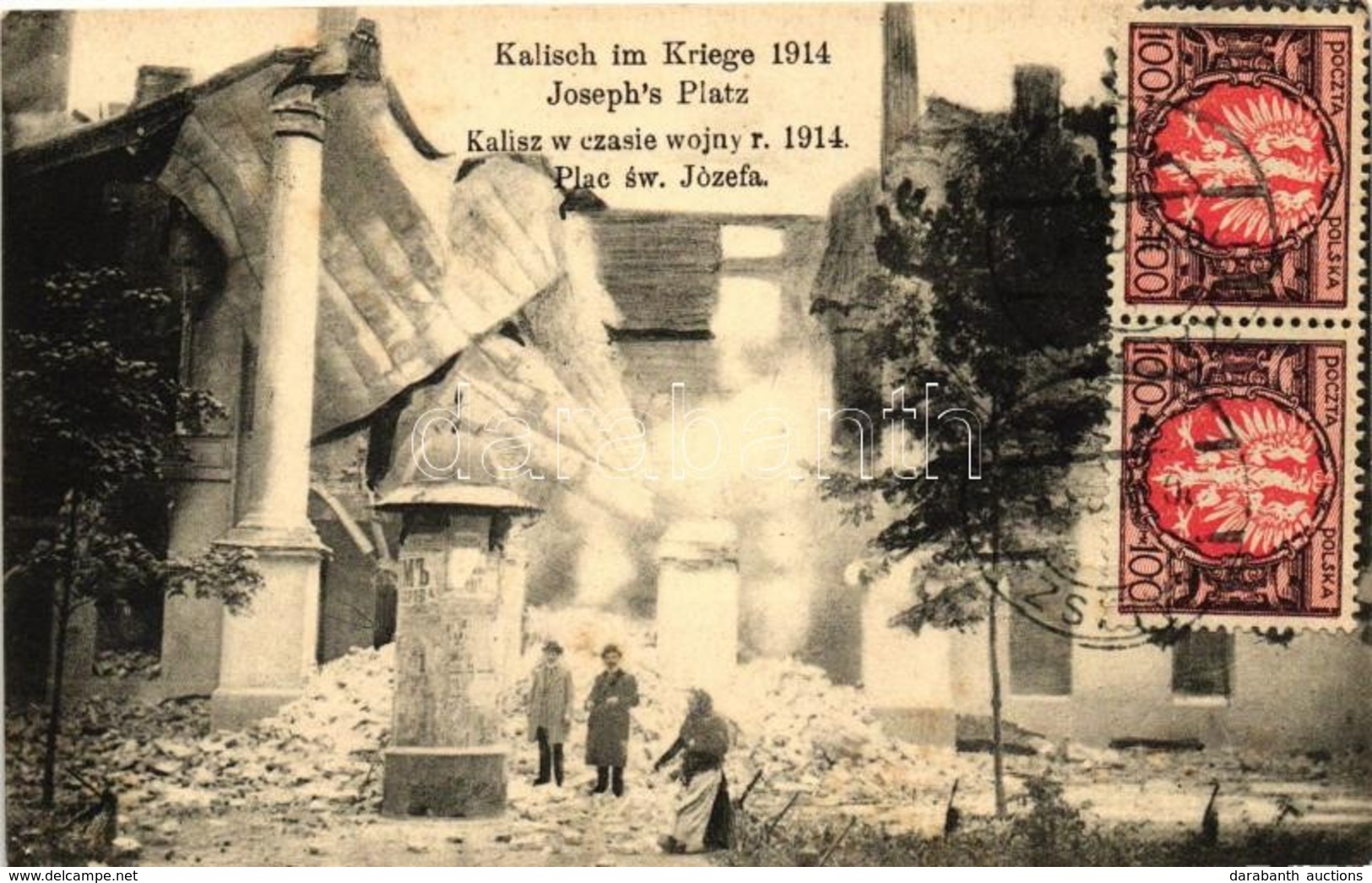 T2/T3 1914 Kalisz, Kalisch; Plac Sw. Jozefa W Czasie Wojny / Square, Destroyed Building In WWI  (EK) - Zonder Classificatie