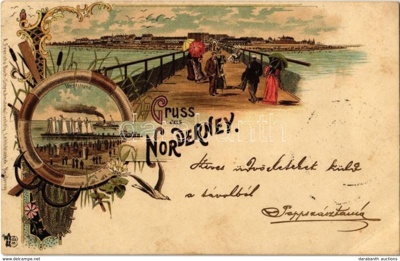 T2/T3 1900 Norderney, Weststrand / Beach. A. Frerichs Buch-Schreibmaterialienhdlg. Art Nouveau, Floral, Litho (EK) - Ohne Zuordnung