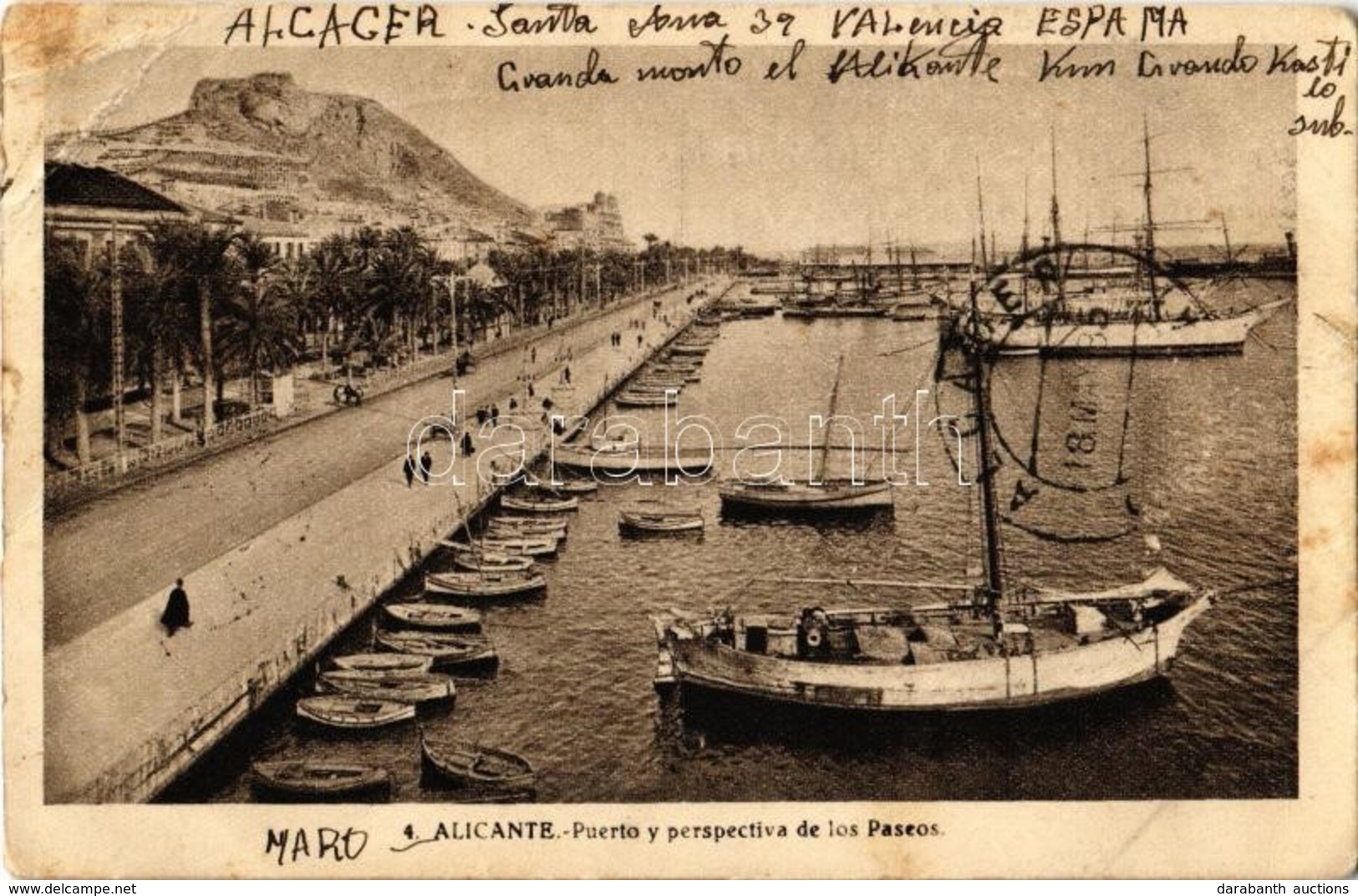 T3 1935 Alicante, Puerto Y Perspectiva De Los Paseos / Port View With Ships. Letter Adressed To Clara Gombossi (Béla Bar - Ohne Zuordnung