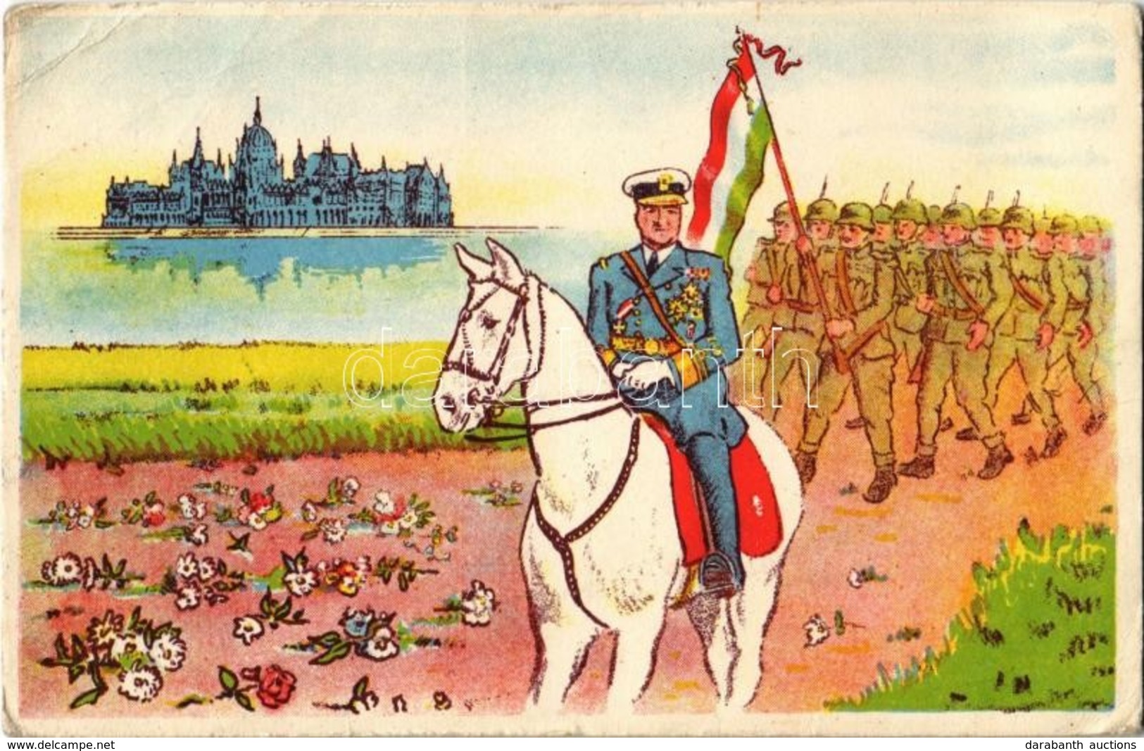 ** T2/T3 Horthy Miklós Fehér Lovon Katonákkal / Hungarian Irredenta Greeting Art Postcard. Horthy (EK) - Unclassified