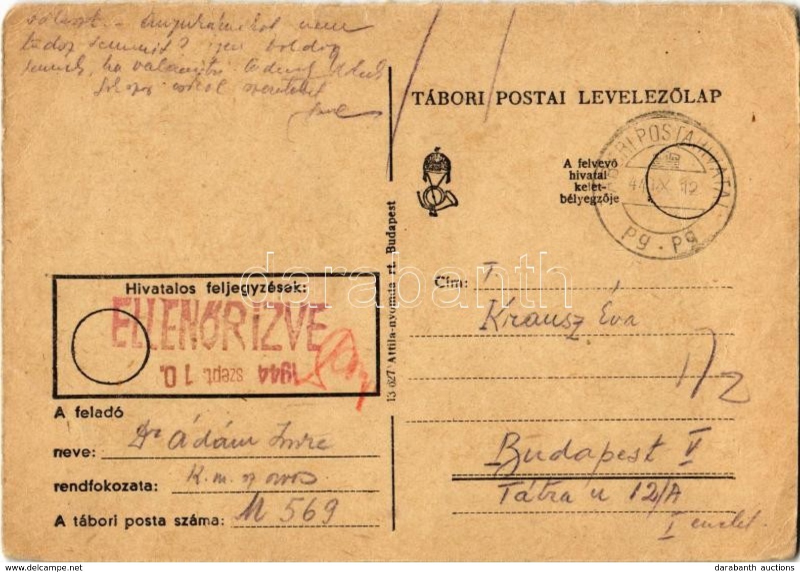 T2/T3 1944 Dr. Ádám Imre U569 Zsidó KMSZ (közérdekű Munkaszolgálatos) Levele Szerelmének Krausz Évának / WWII Letter Of  - Zonder Classificatie