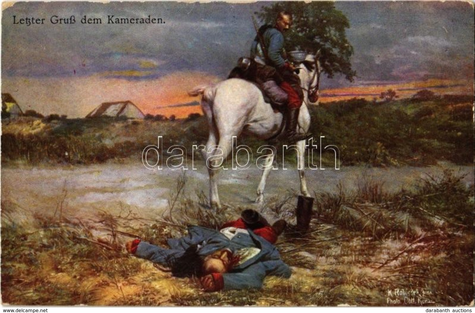 ** T2/T3 Letzter Gruß Dem Kameraden. B.K.W.I. 259-89. / WWI K.u.K. Military Art Postcard, Cavalryman S: Robicsek (EK) - Unclassified