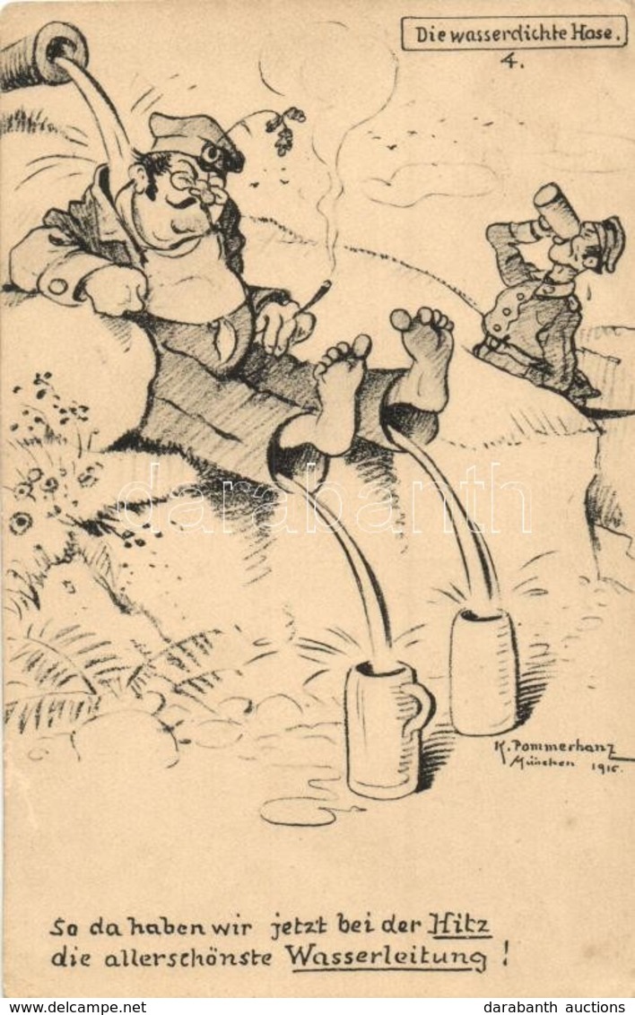 T3 Die Wasserdichte Hose / The Waterproof Pants. WWI German Military Humour S: K. Pommerhanz. 1916. (ázott / Wet Damage) - Unclassified