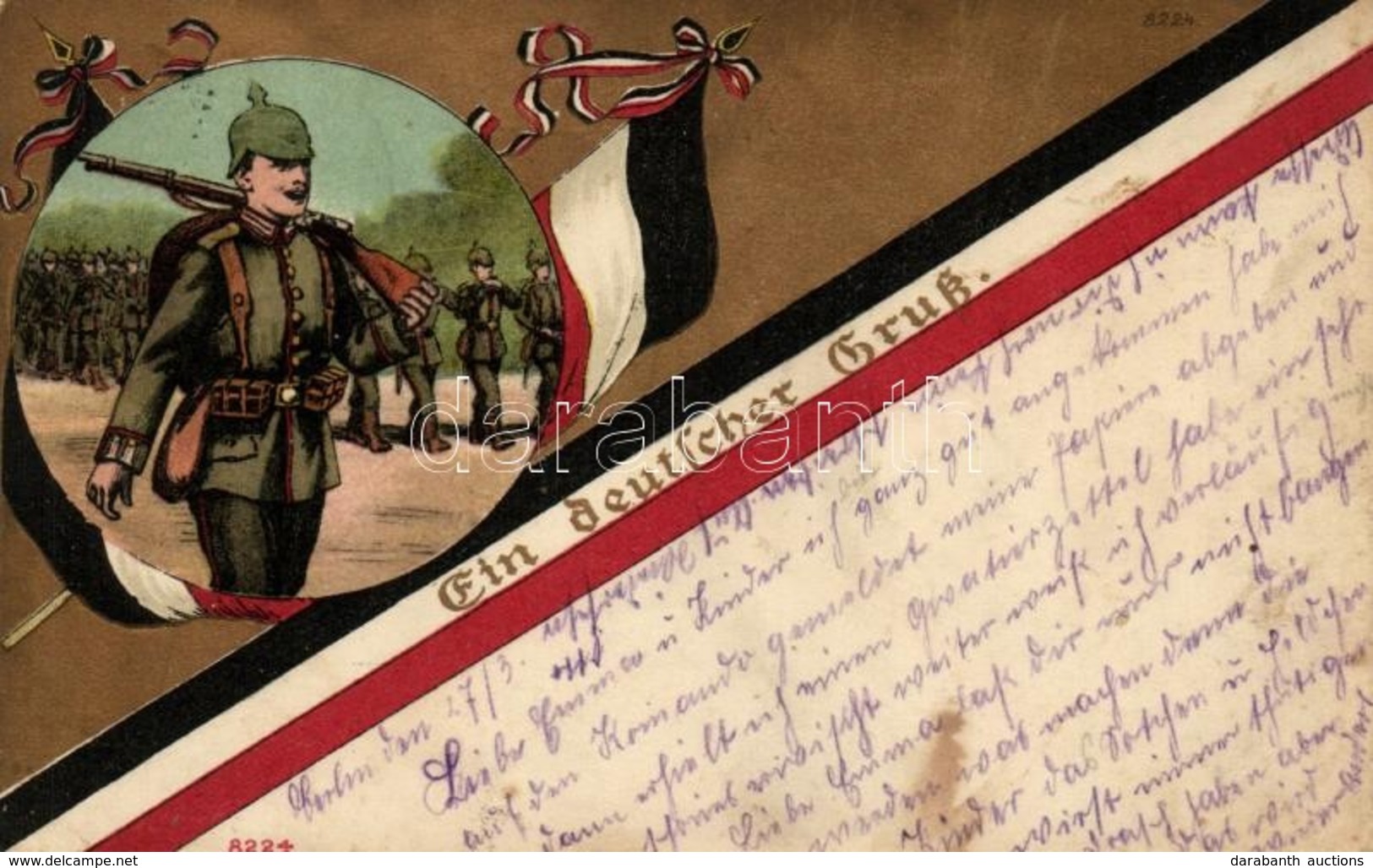 T2/T3 Ein Deutsche Gruss / WWI German Military Greeting Card, Soldier, Flags; Militär-Karten-Verlag No. 8224. Litho (fl) - Unclassified