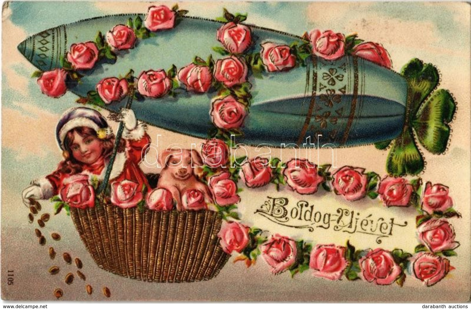 T2/T3 Boldog új évet! / New Year Greeting Art Postcard With Airship, Emb. Floral Golden Decoration, Litho (EK) - Unclassified