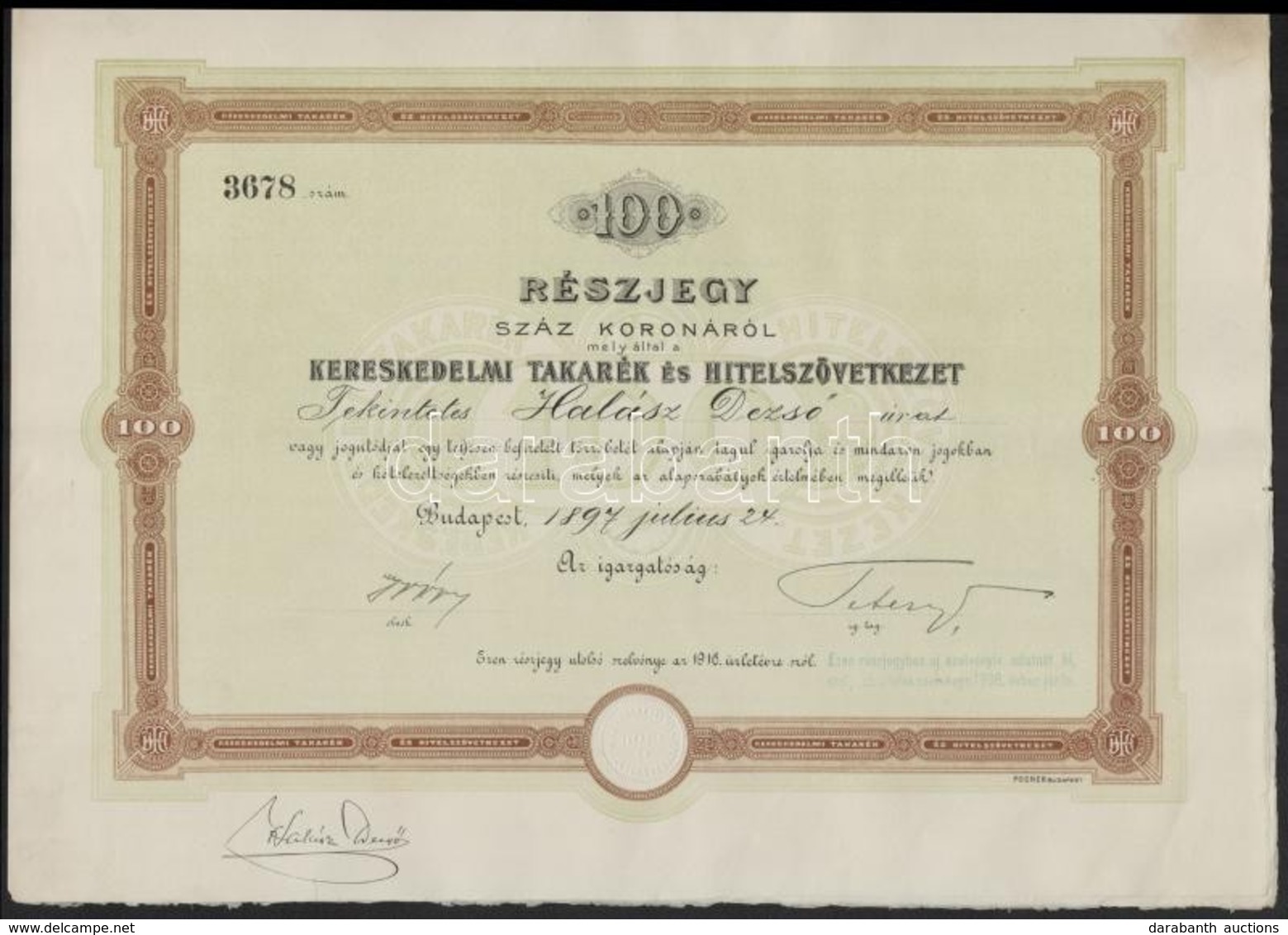 Budapest 1897. 'Kereskedelmi Takarék és Hitelszövetkezet' Részjegye 100K-ról, Szelvényekkel, Szárazpecséttel T:II - Unclassified