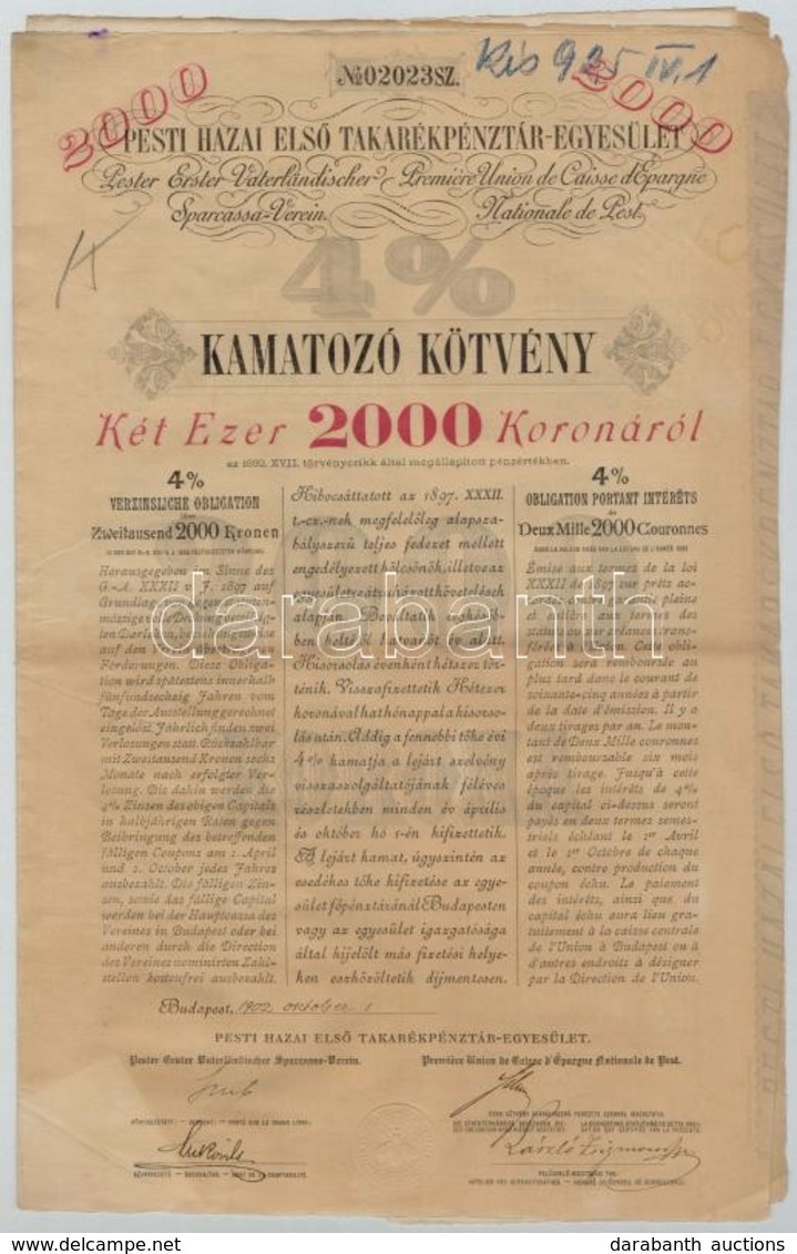 Budapest 1902. 'Pesti Hazai Első Takarékpénztár-Egyesület' Nyeremény-kötvénye 2.000K-ról, Szárazpecséttel, Bélyegzéssel  - Zonder Classificatie