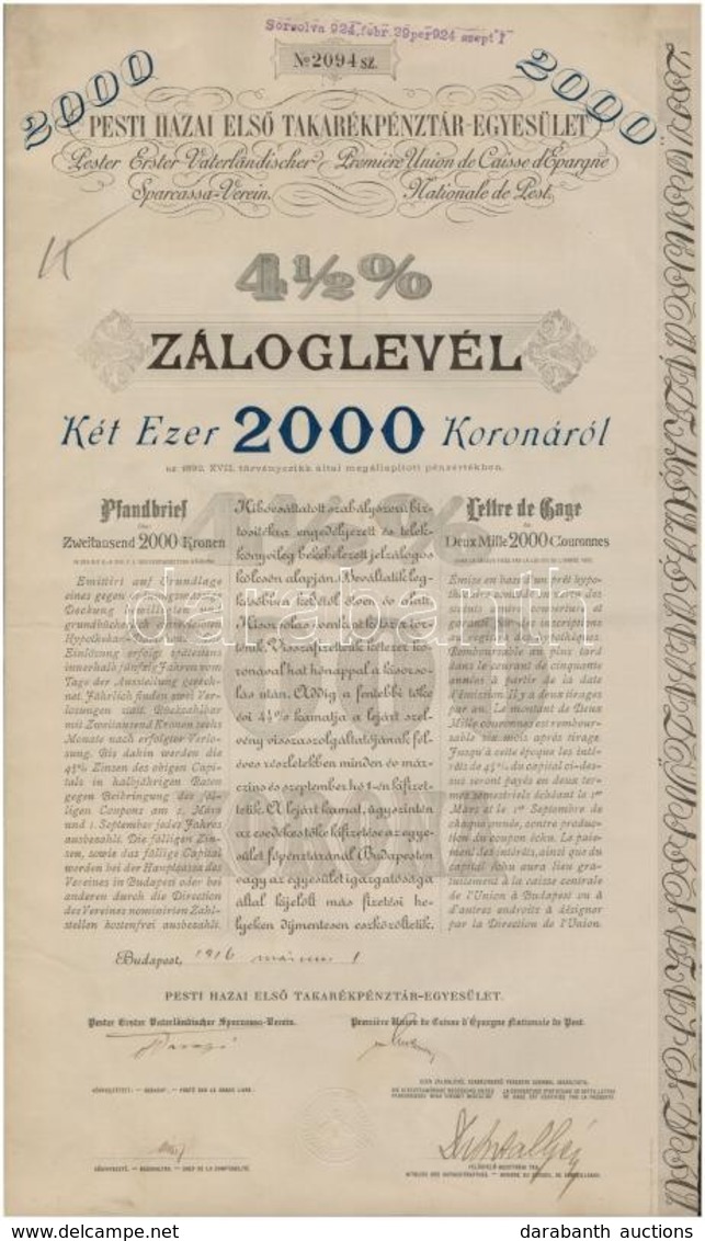 Budapest 1916. 'Pesti Hazai Első Takarékpénztár-Egyesület' Nyeremény-kötvénye 2.000K-ról, Szárazpecséttel, Bélyegzéssel  - Unclassified