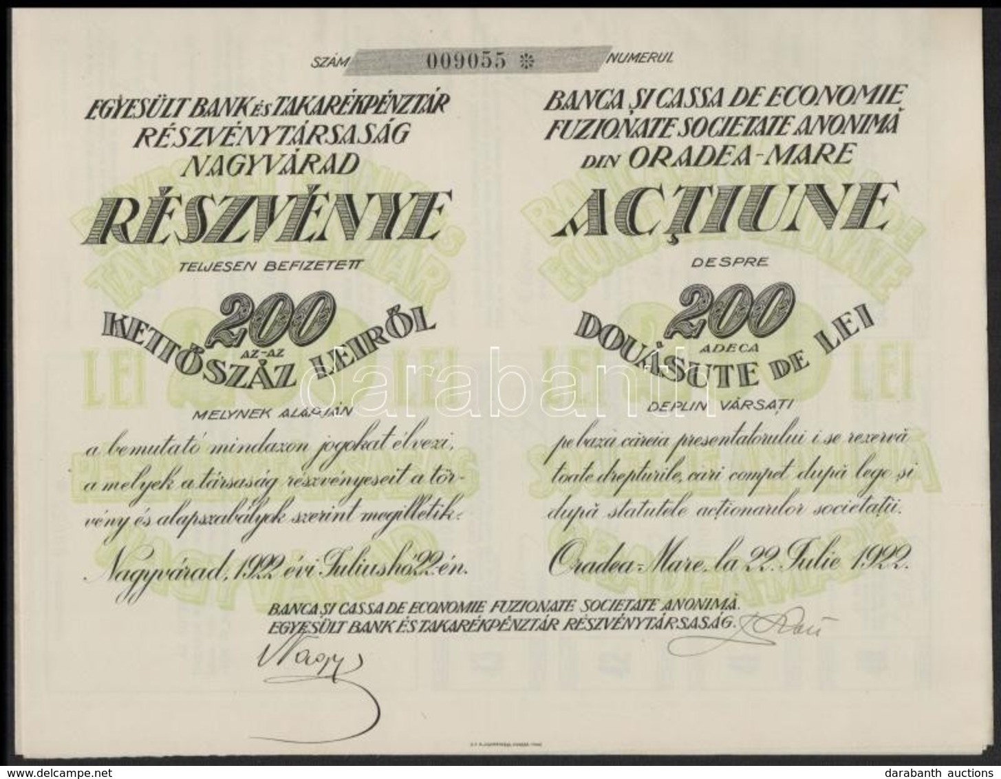 Nagyvárad 1922. 'Egyesült Bank és Takarékpénztár Részvénytársaság Nagyvárad' Részvény 200L-ről Magyar és Román Nyelven S - Unclassified