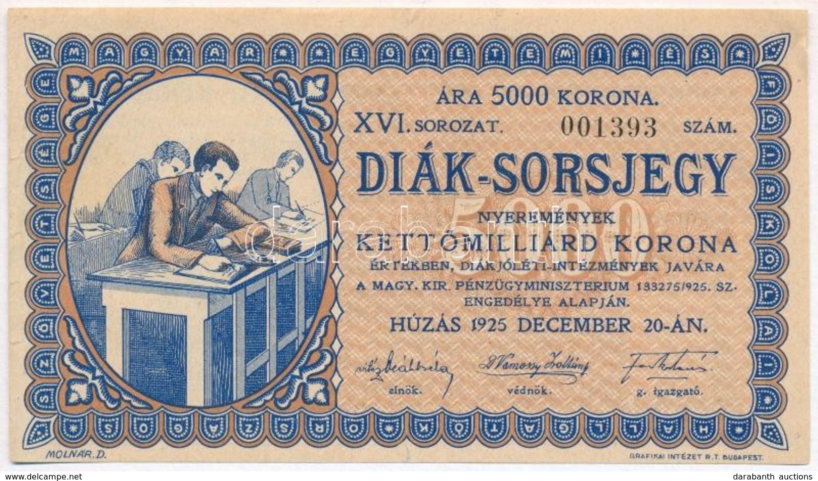 Budapest 1925. 'Diák-Sorsjegy' 5000K értékben, 'XVI.' Sorozat T:III - Zonder Classificatie