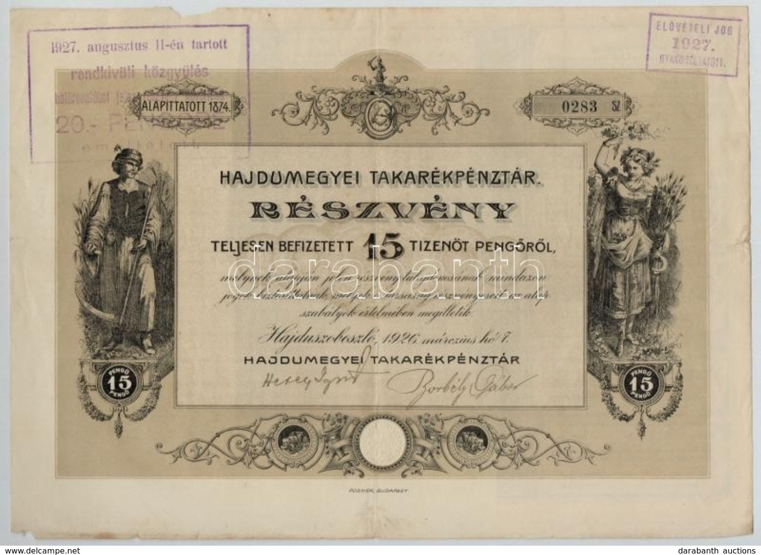 Hajdúszoboszló 1926. 'Hajdú Megyei Takarékpénztár' Részvény 15P-ről, Szelvényekkel, Szárazpecséttel, Felülbélyegzéssekke - Unclassified