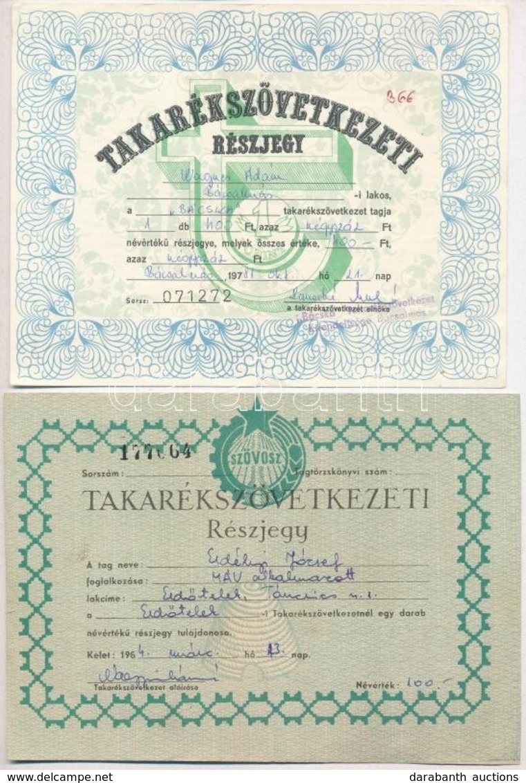 1964. 100Ft-os 'SZÖVOSZ' Takarékszövetkezeti Részjegy + 1981. 400 Ft-os 'Bácska' Takarékszövetkezeti Részjegy T:III - Zonder Classificatie