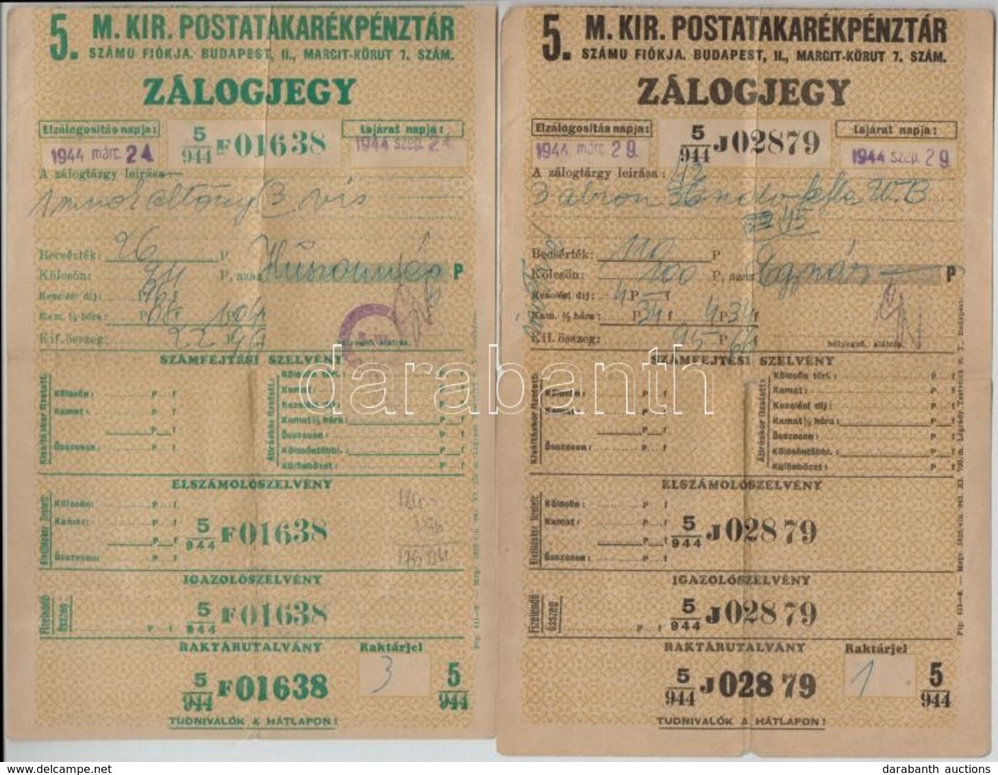 Budapest 1944. 'Magyar Királyi Postatakarékpénztár' Zálogjegy (3x) T:III,III- - Unclassified