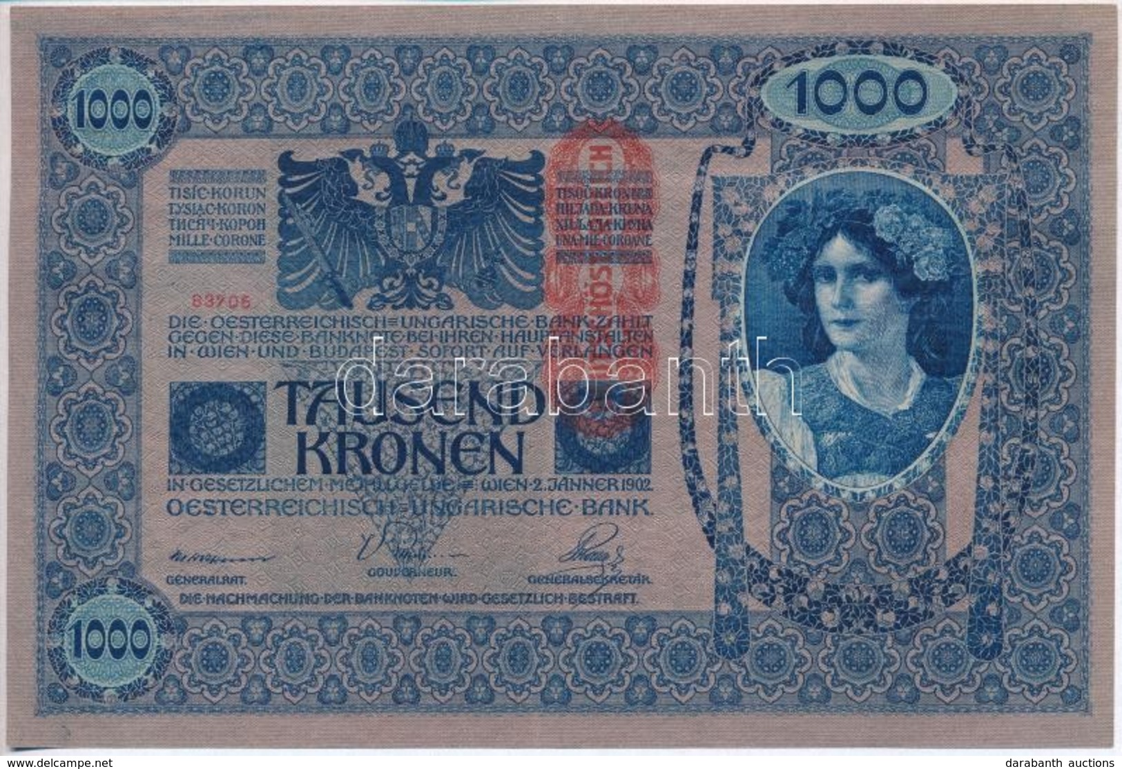 1902. 1000K Piros 'Deutschösterreich' Felülbélyegzéssel, Mindkét Oldala Német T:II - Unclassified