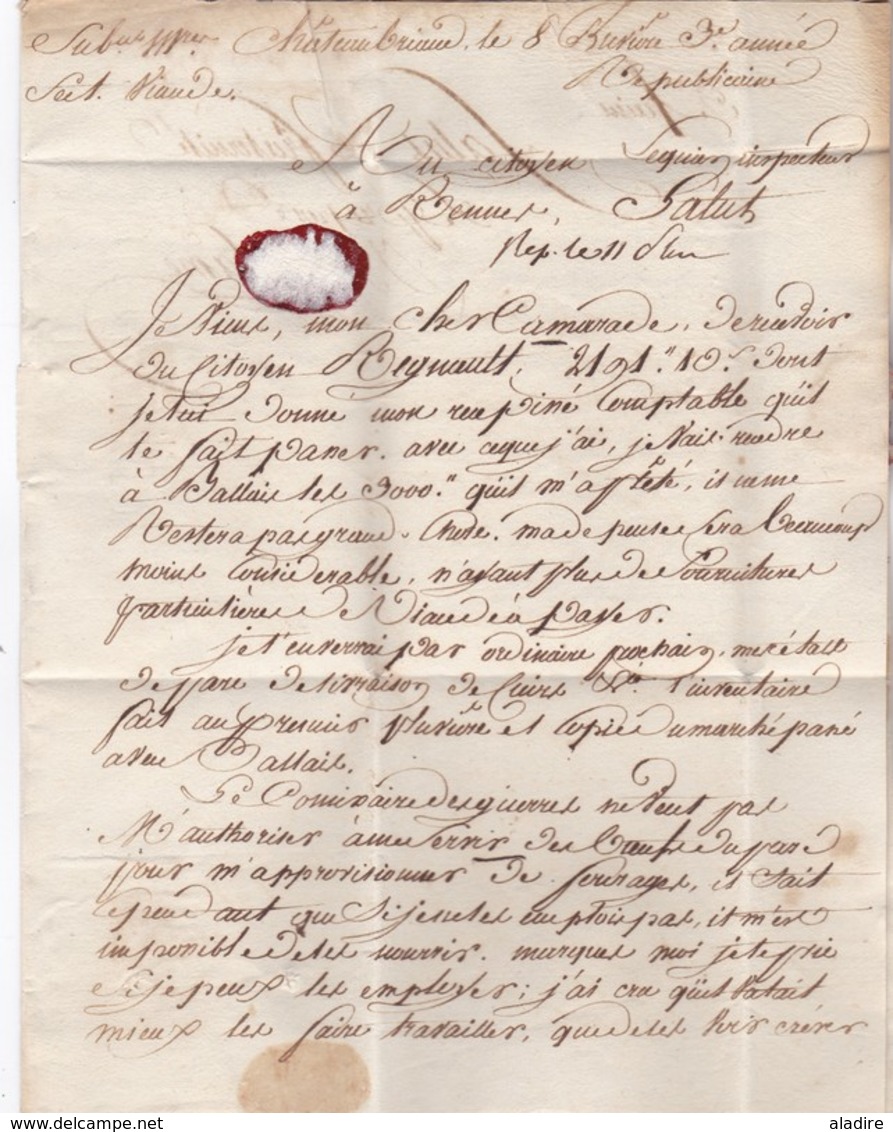 1795 - Marque Postale 42. CHat BRILLANT, Chateaubriant, Loire Inférieure Sur Lettre De 3 P.vers Rennes, Ille & Vilaine - 1701-1800: Vorläufer XVIII