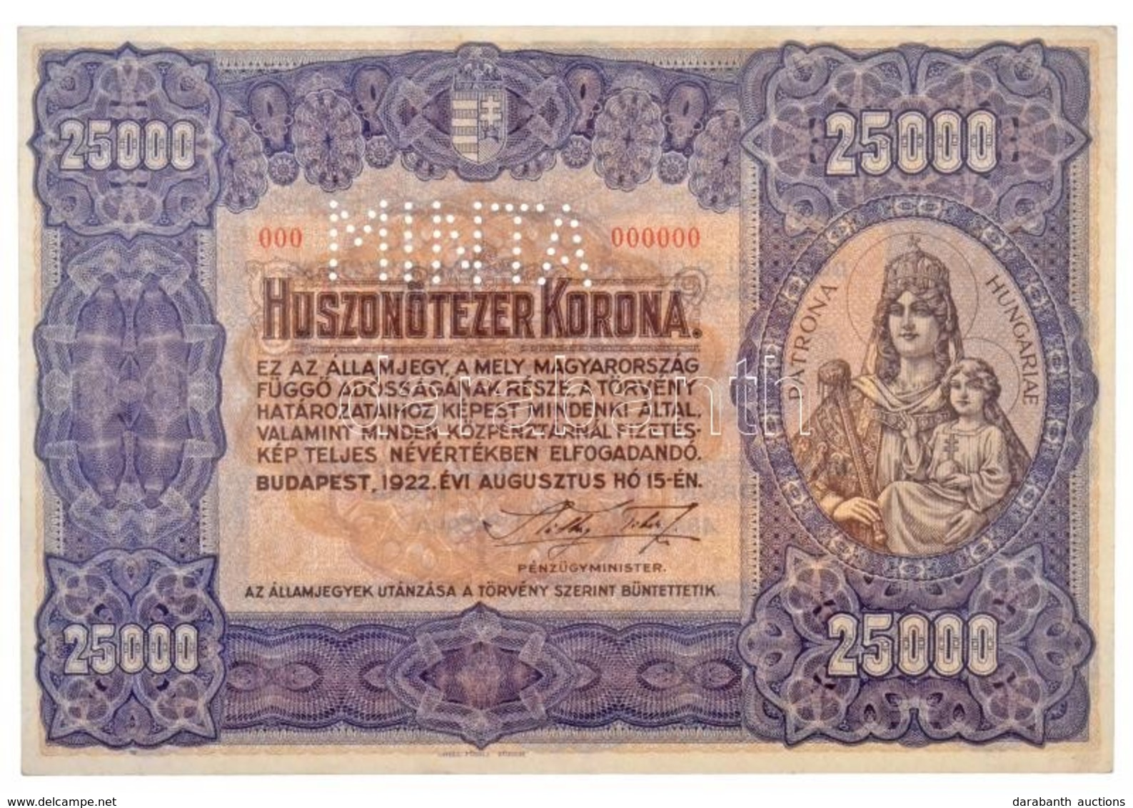 1922. 25.000K 'Orell Füssli Zürich' 'MINTA' Perforációval és '000'-ás Sorszámmal T:I- / Hungary 1922. 25.000 Korona 'Ore - Zonder Classificatie