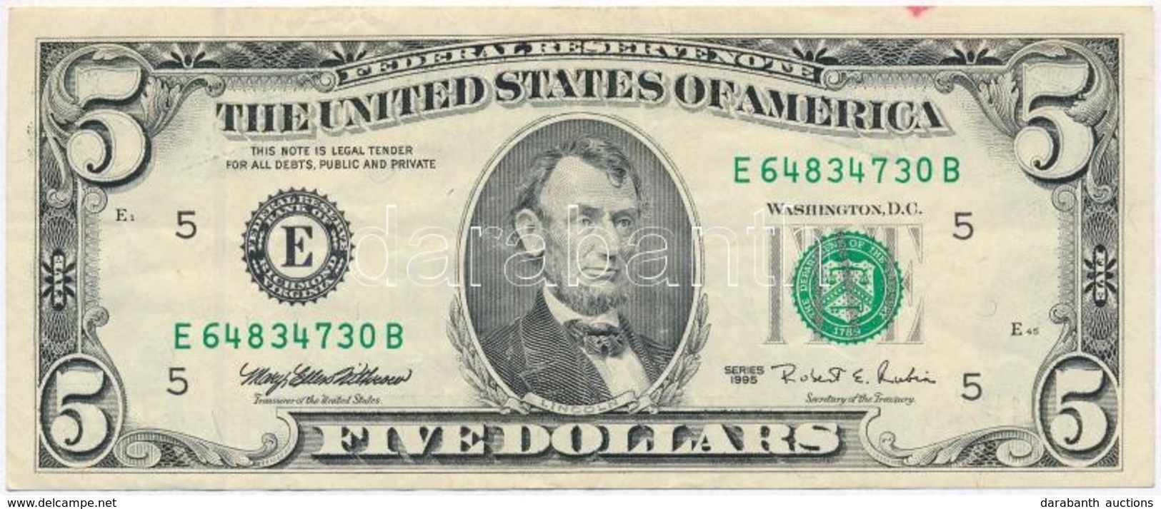 Amerikai Egyesült Államok 1995-1999. (1995) 5$ 'Federal Reserve Note' 'Mary Ellen Withrow - Robert E. Rubin' T:III USA 1 - Zonder Classificatie
