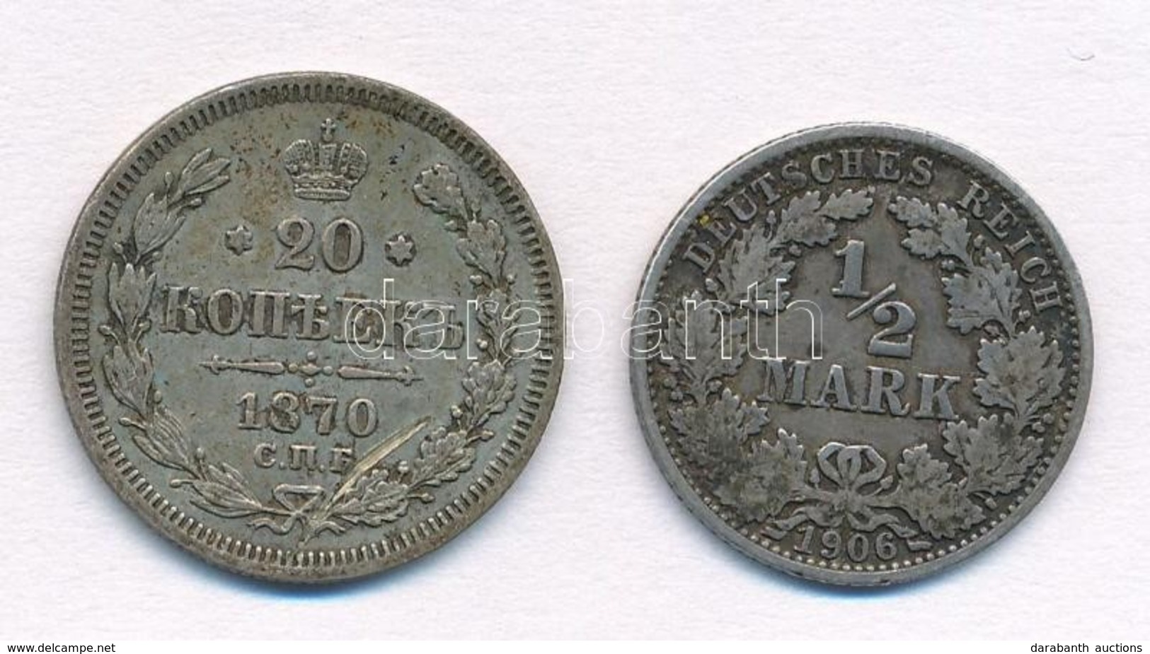 Vegyes: Orosz Birodalom 1870. 20k Ag 'II. Miklós' + Német Birodalom 1906A 1/2M Ag T:2,2-
Mixed: Russian Empire 1870. 20  - Unclassified