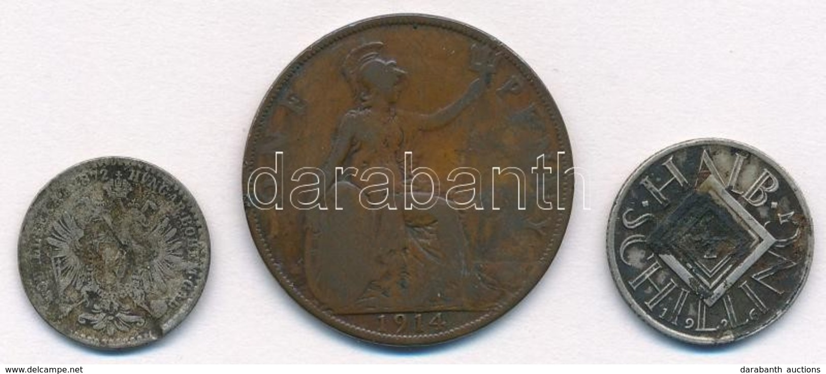 Vegyes: Ausztria 1872. 10Kr Ag + Nagy-Britannia 1914. 1P Br + Ausztria 1926. 1/2S Ag T:3,3- Patina
Mixed: Austria 1872.1 - Unclassified