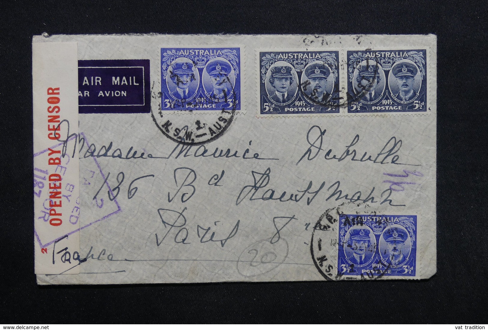 AUSTRALIE - Enveloppe Pour Paris En 1945 Avec Contrôle Postal , Affranchissement Plaisant - L 32370 - Briefe U. Dokumente