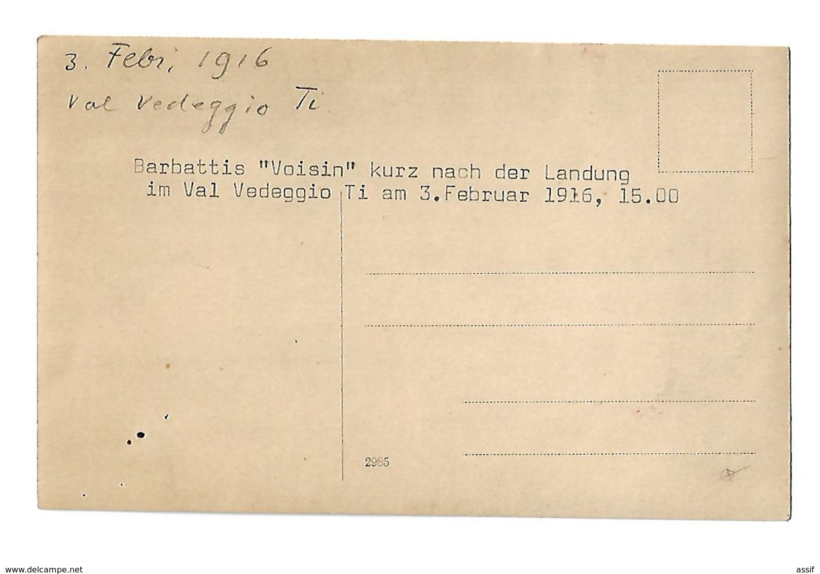 AVIATION SUISSE VAL VEDEGGIO 3 FEVRIER 1916 BARBATTIS ( BARBATTI ) AVION VOISIN / FREE SHIPPING REGISTERED - Autres & Non Classés