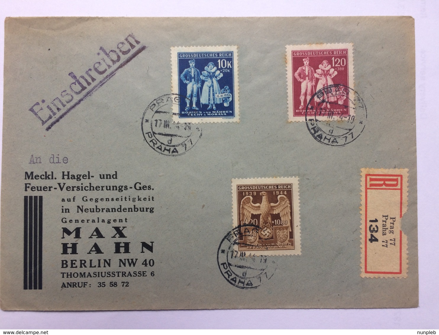 BOHEMIA & MORAVIA 1944 Cover Registered Prague To Berlin Tied With 5th Anniversary Of German Occupation Set - Covers & Documents