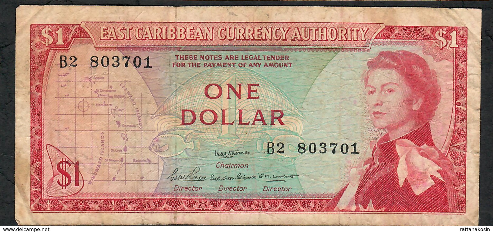 E.C.S. P13a2 1 DOLLAR 1965 Signature 2  #B2 AVF NO P.h. - East Carribeans