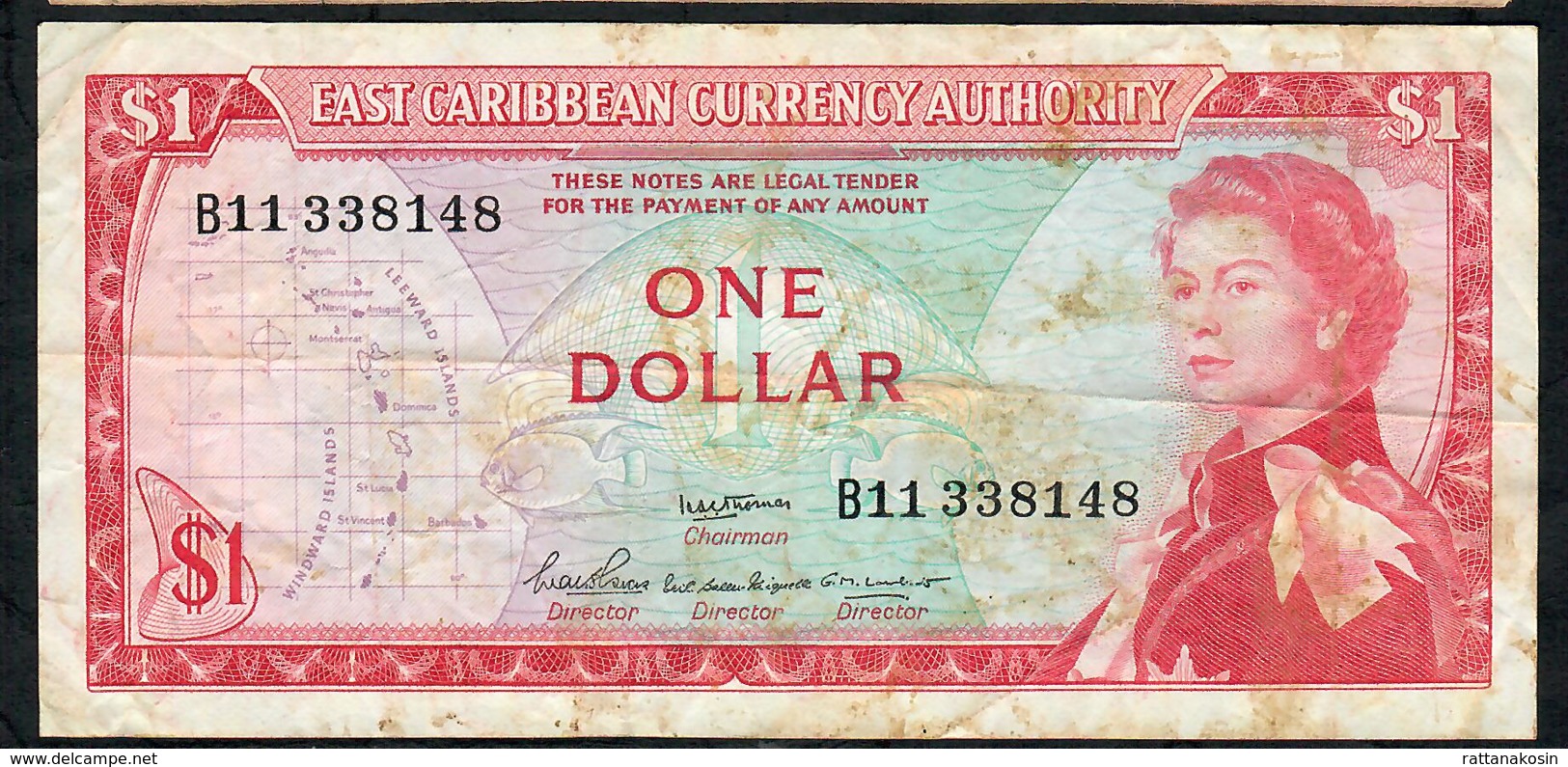 E.C.S. P13a2 1 DOLLAR 1965 Signature 2  #B11 AVF NO P.h. - Caribes Orientales