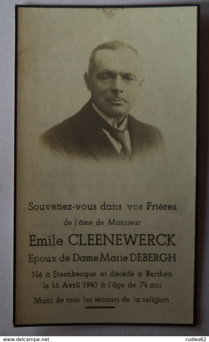 Steenbecque - Morbecque - Berthen : Image Mortuaire CLEENEWERCK Charles Emile Gustave ( X DEBERGH Marie Lucie Valérie) - Obituary Notices
